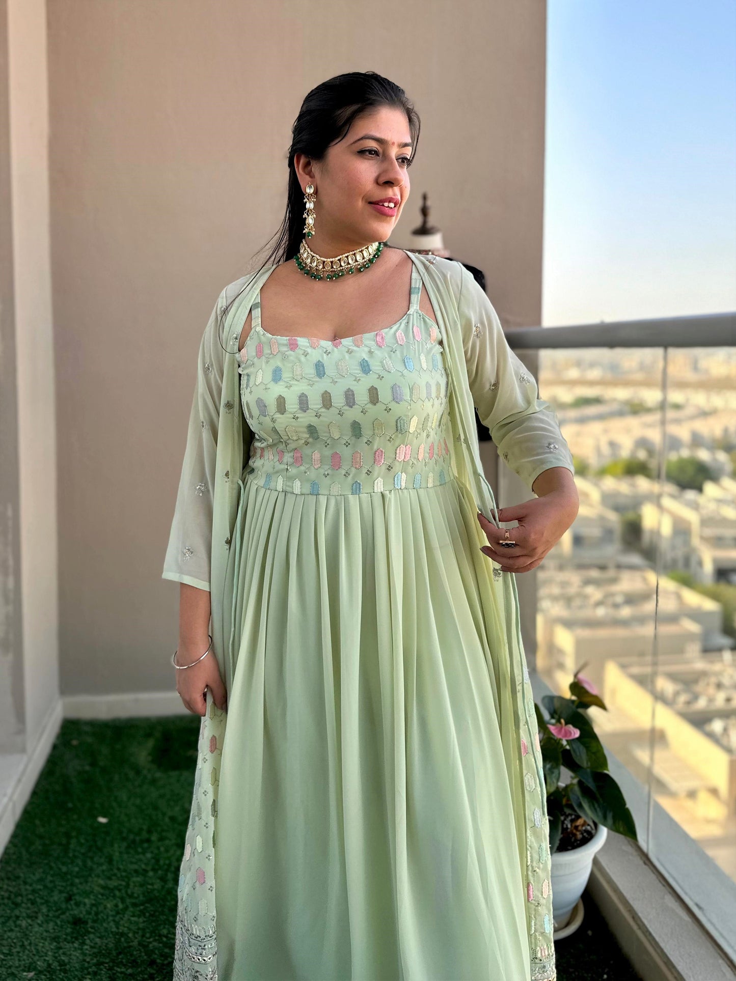 Mint gown with embellished long jacket