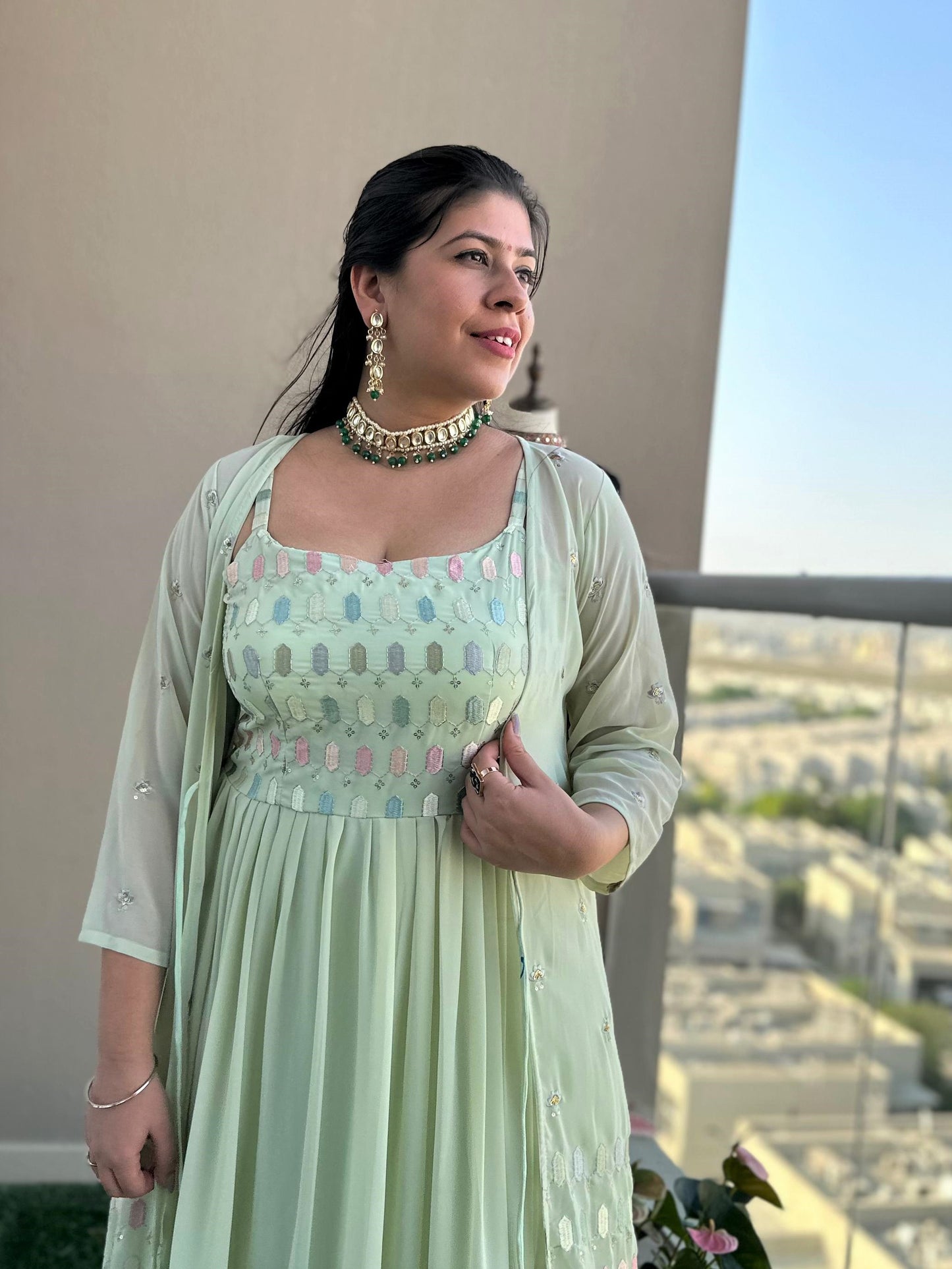 Mint gown with embellished long jacket