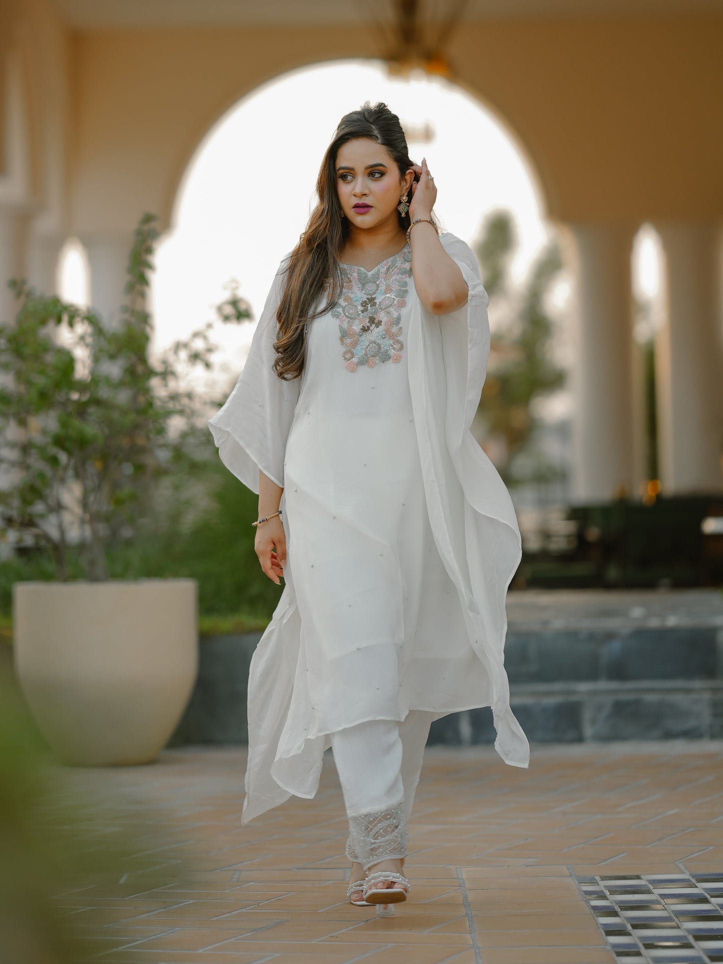 White embellished Kaftan Ensemble