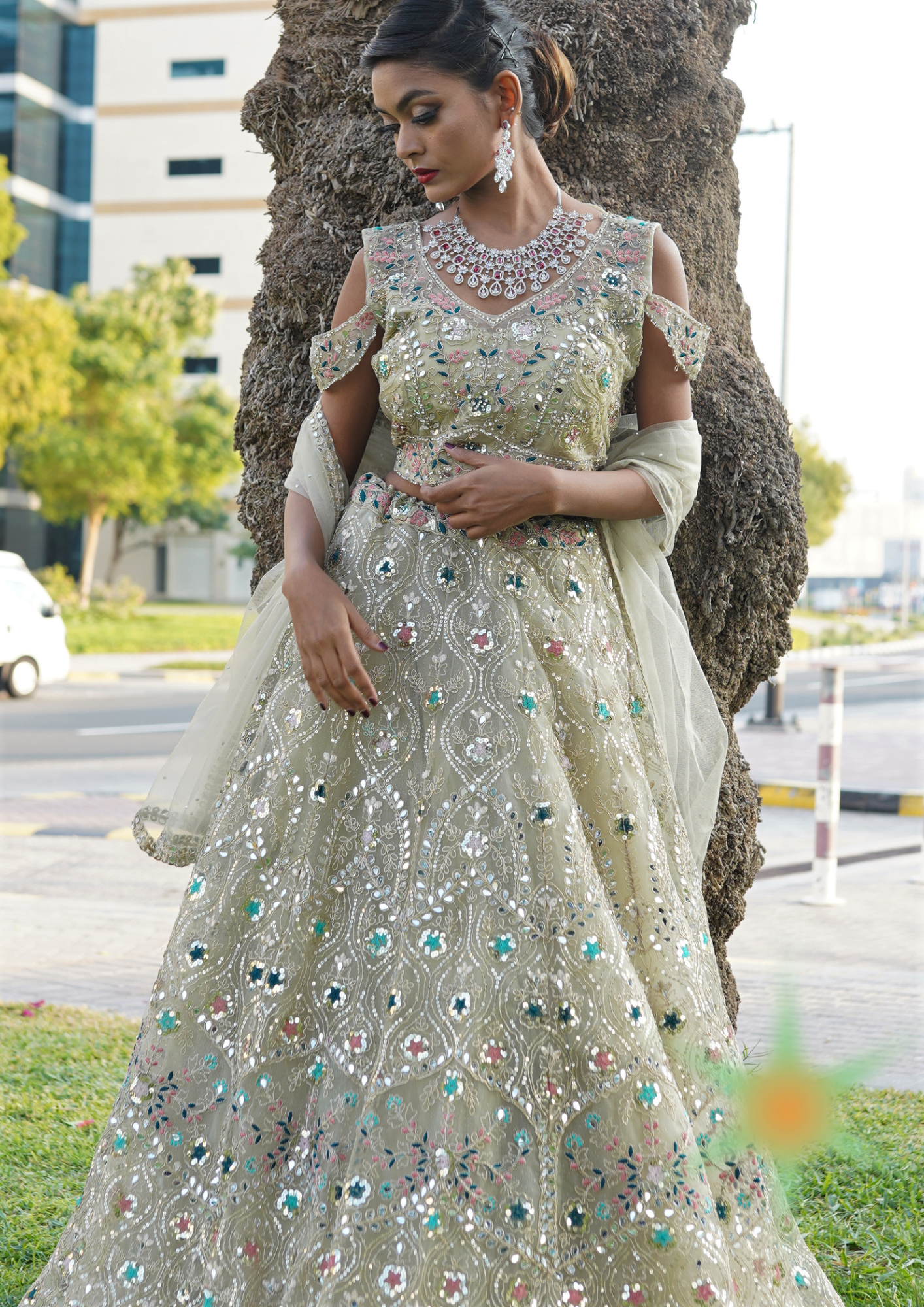 Jade green lehenga set with heavy mirror work