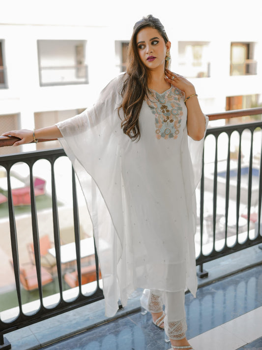 White embellished Kaftan Ensemble